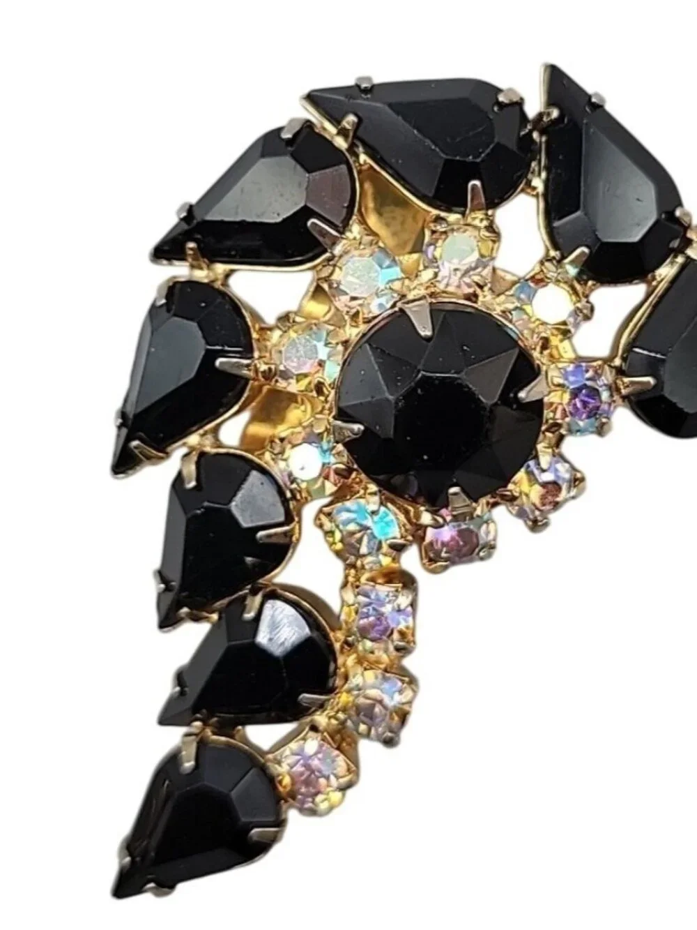 Juliana D&E Black Navette & AB Rhinestone Swirl Brooch Gold Tone Vintage